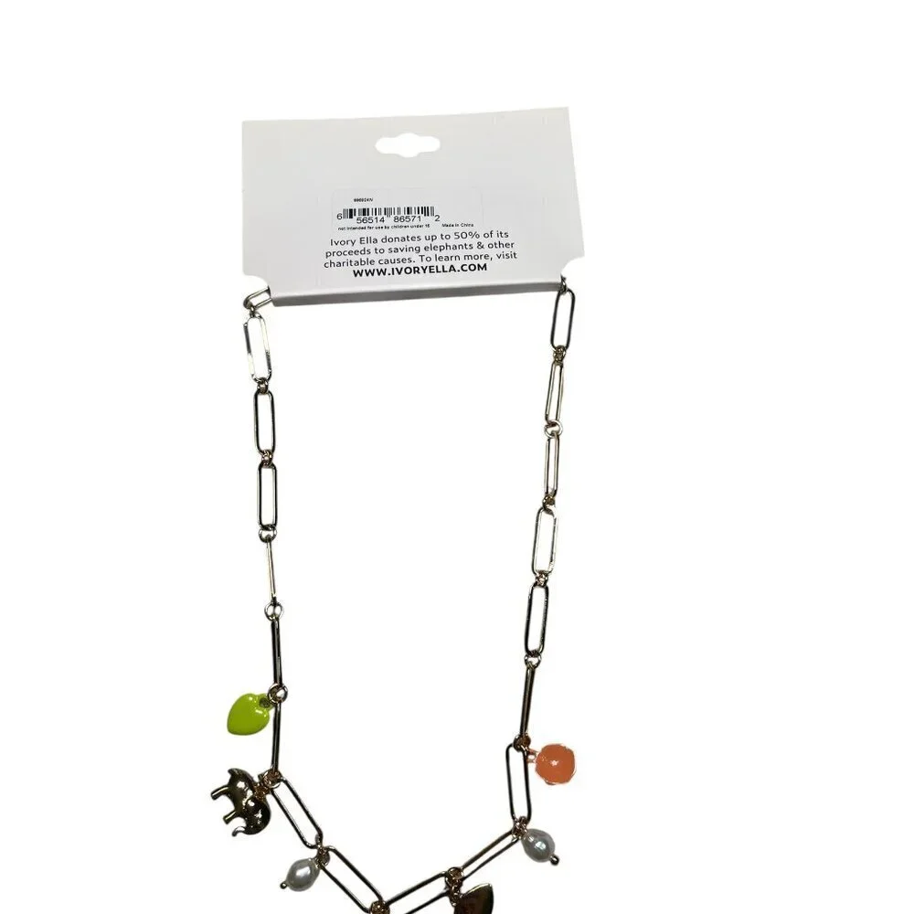 Ivory Ella Charm Necklace Gold Link with Hearts, Elephant, Evil Eye NWT